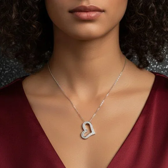 Open Heart Simulated Baguette Moissanite Silver Pendant Necklace NWOT - Picture 7 of 9